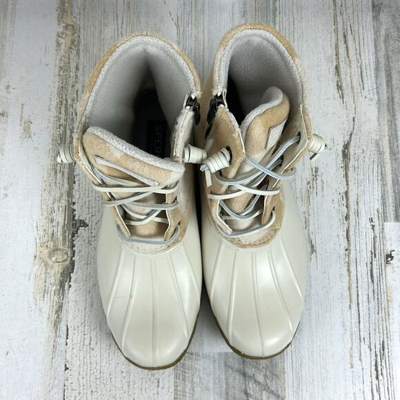Sperry Women’s 7.5 Saltwater Cream Tan Buffalo Check Wool Ivory Duck Boots NEW - Picture 3 of 11